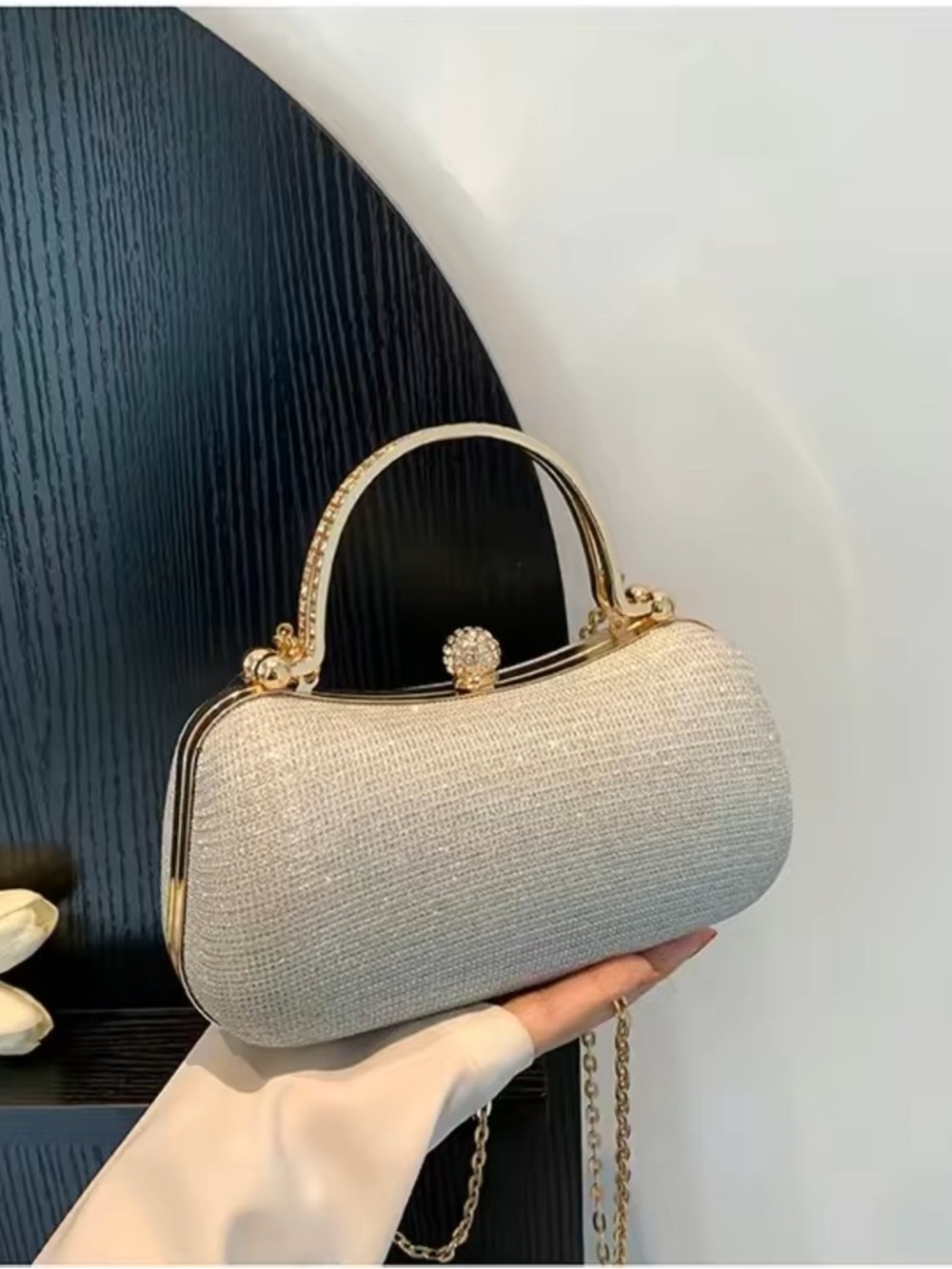 Gold-Trim Ivory Evening Clutch with Chain Strap